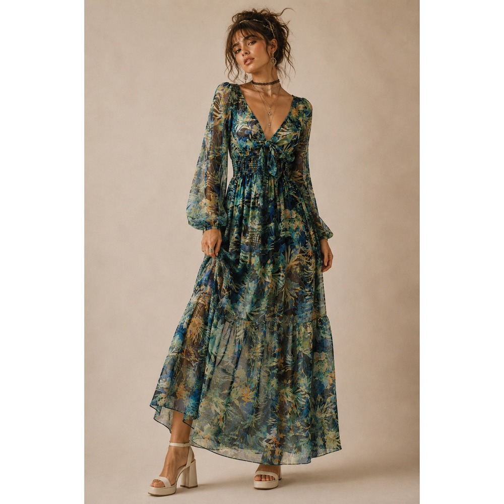 Y2K Arden B Sheer Tropical Maxi Dress XS Blue Floral Chiffon Tiered Ruffle Boho